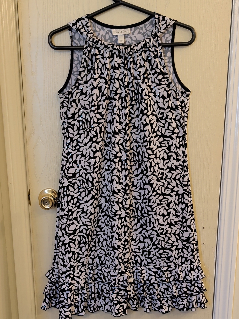 Dressbarn Black White Leaf Print Sequin A-Line Ruffle Dress Size 4